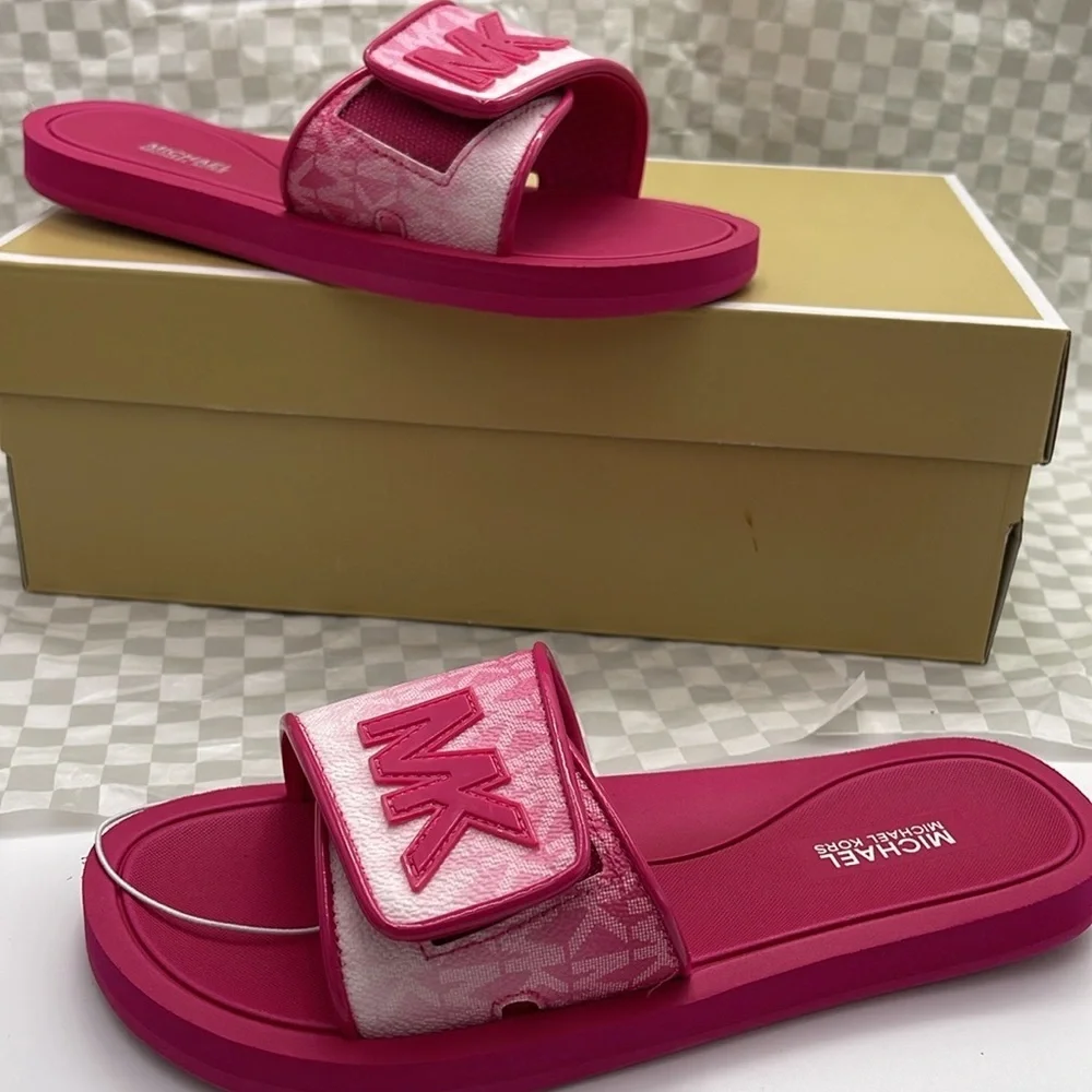 MICHAEL KORS Palmer Ombré Signature Logo Slide Sandal Dragonfruit NWT